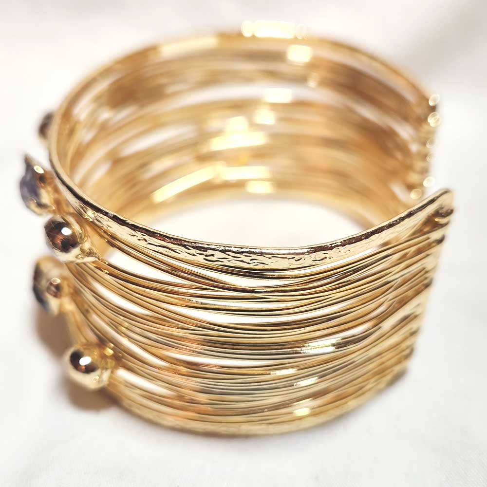 24K gold-plated brass cuff bracelet with a wire-wrapped, adjustable