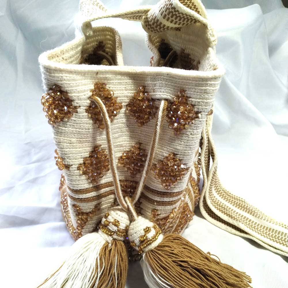 Hand-Embroidered White & Caramel Wayuu Bag - Artisan Crafted Mochila front