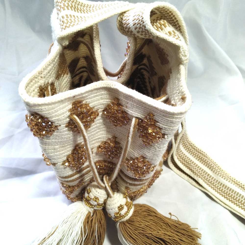 Hand-Embroidered White & Caramel Wayuu Bag - Artisan Crafted Mochila top op