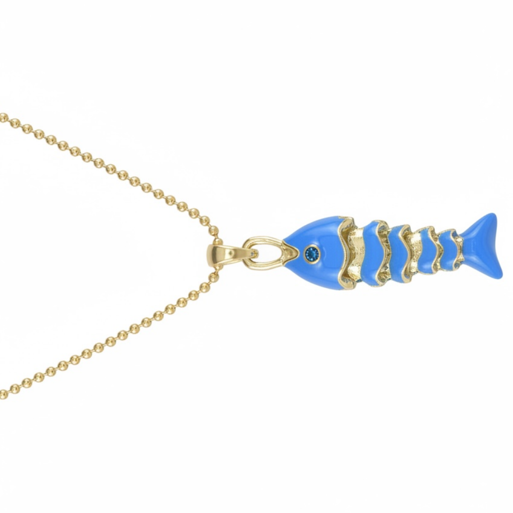 A gold ball-chain necklace with a fish skeleton pendant featuring bright blue enamel and a small dark blue eye, shown on a plain white background.