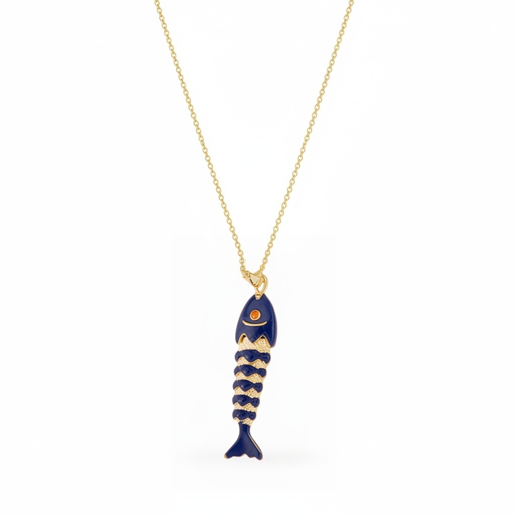 A gold chain necklace featuring a stylized fish pendant with dark blue enamel and gold detailing, shown against a plain white background.