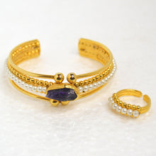Load image into Gallery viewer, 22k Gold-Plated Brass Amethyst and Pearl Bracelet and Ring Set
