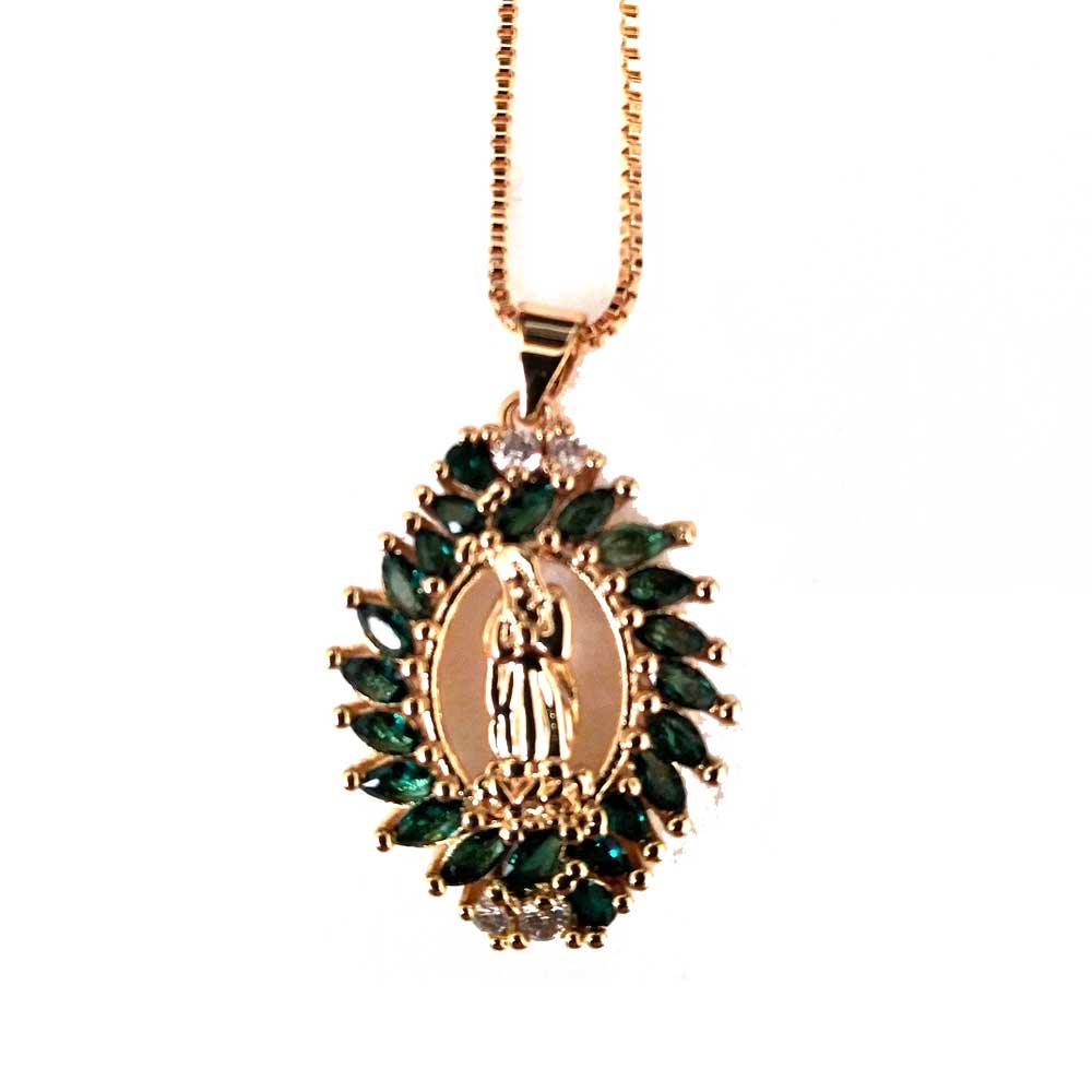Embrace Blessings: Gold-Filled Guadalupe Medal with Sparkling Crystals - Green 2