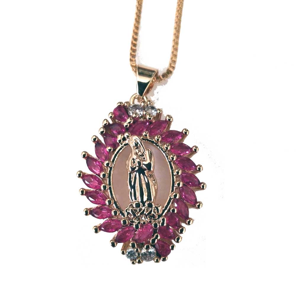 Embrace Blessings: Gold-Filled Guadalupe Medal with Sparkling Crystals - Red