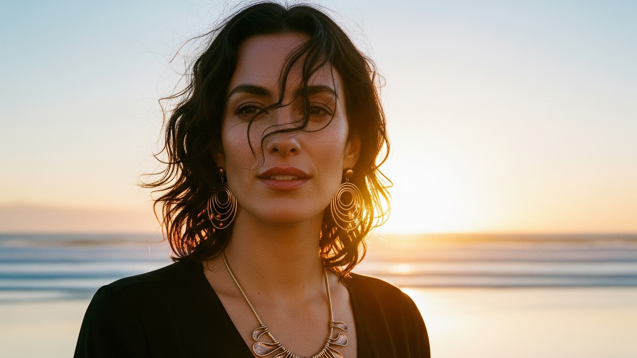 Woman standing on a beach at sunset with a scenic background