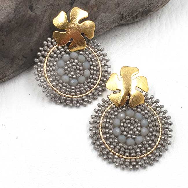 Handmade Light Earrings in Grey with Gold-filled Flower