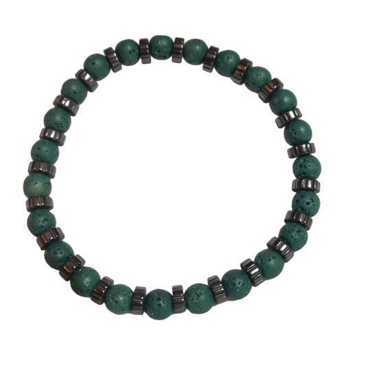 Industrial Forest Lava and Hematite Bracelet. Unisex Steampunk style jewelry for essential oil diffusing.