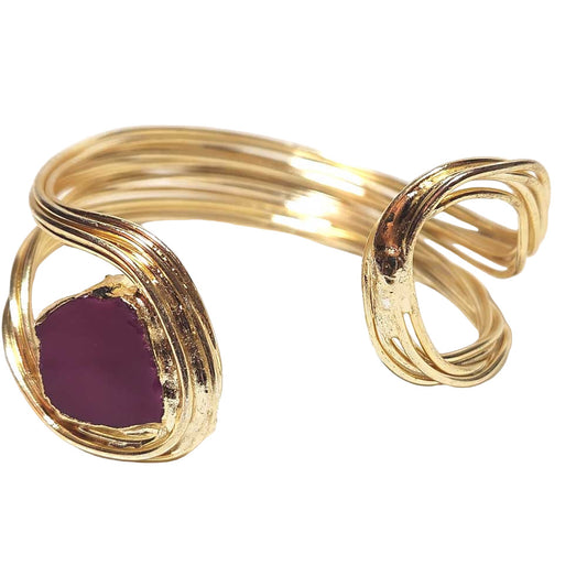 24K gold plated copper bracelet with a large purple agate gemstone front