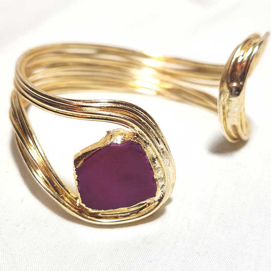 24K gold plated copper bracelet with a large purple agate gemstone detail, elegant and stylish