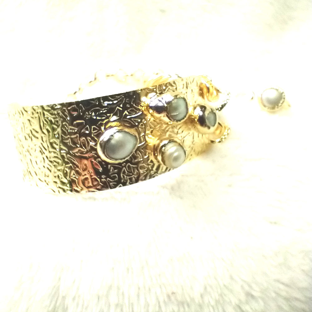 24K Gold Plated Chain Cuff Pearl Bracelet - Cuff3
