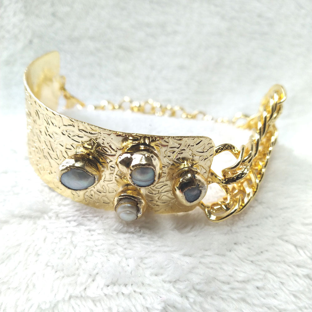 24K Gold Plated Chain Cuff Pearl Bracelet - Front