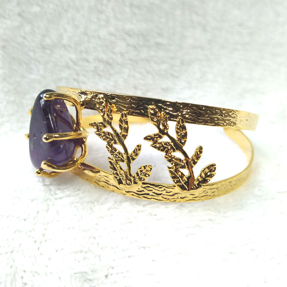 Golden Brass Amethyst Bracelet - Double Openwork Rod Design - detail