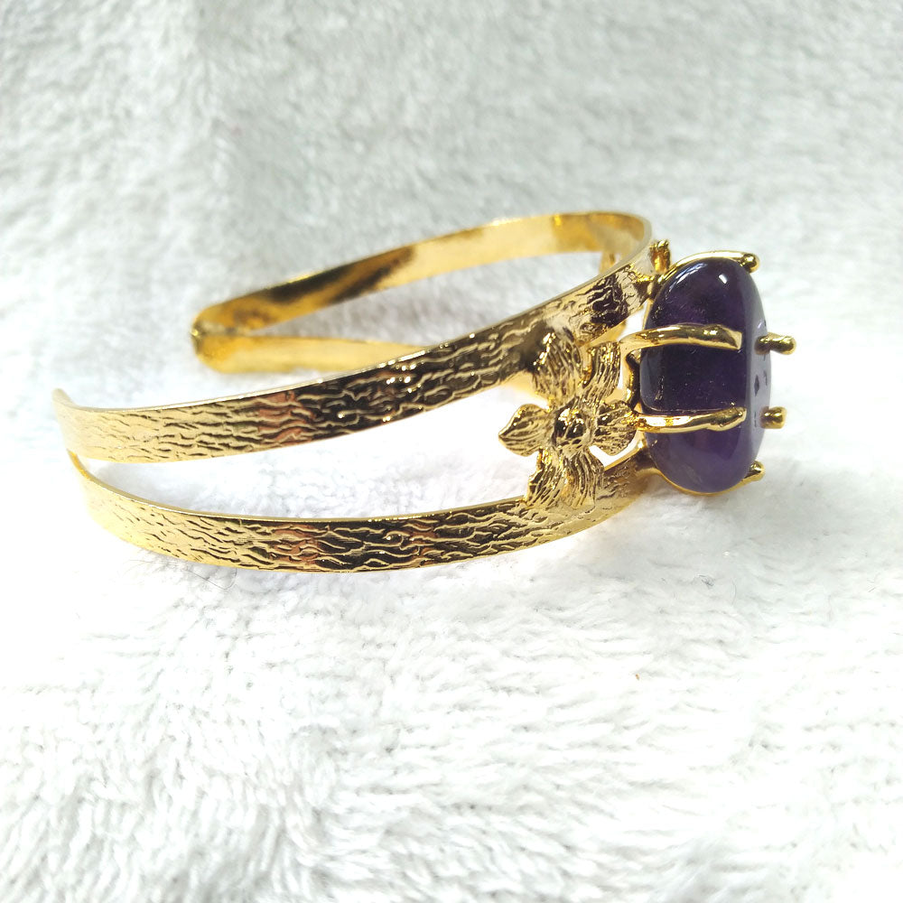 Golden Brass Amethyst Bracelet - Double Openwork Rod Design - right