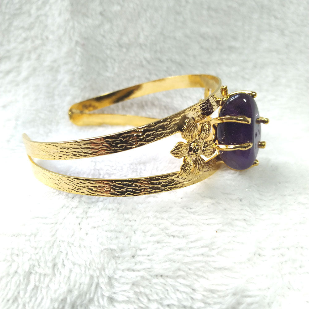 Golden Brass Amethyst Bracelet - Double Openwork Rod Design - right side