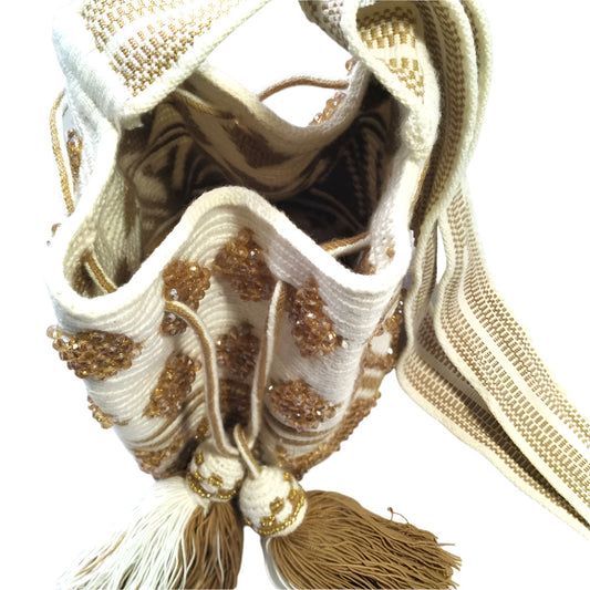 Hand-Embroidered White & Caramel Wayuu Bag - Artisan Crafted Mochila top