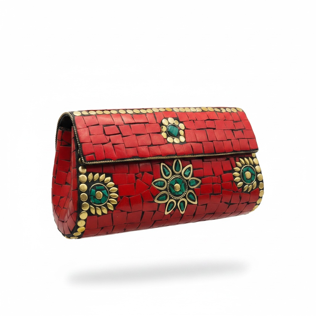 Mosaic Semiprecious Stone Clutch with Red Coral & Malachite