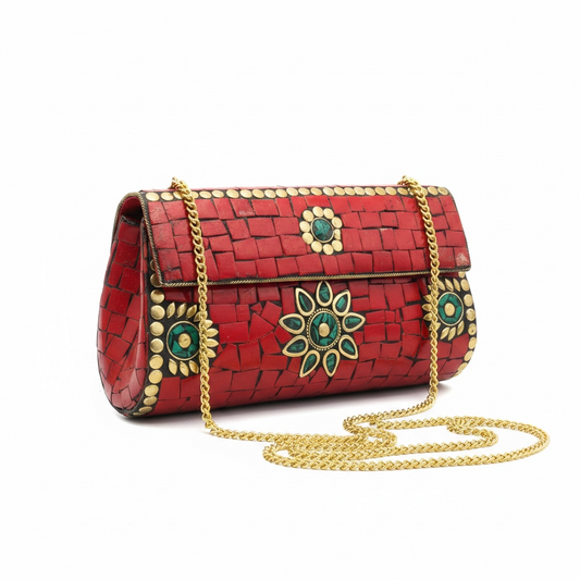 Mosaic Semiprecious Stone Clutch with Red Coral & Malachite