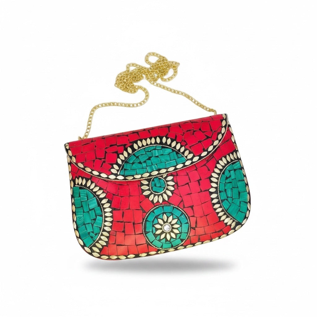 Mosaic Semiprecious Stone Large Clutch with Red Coral & Green Malachite