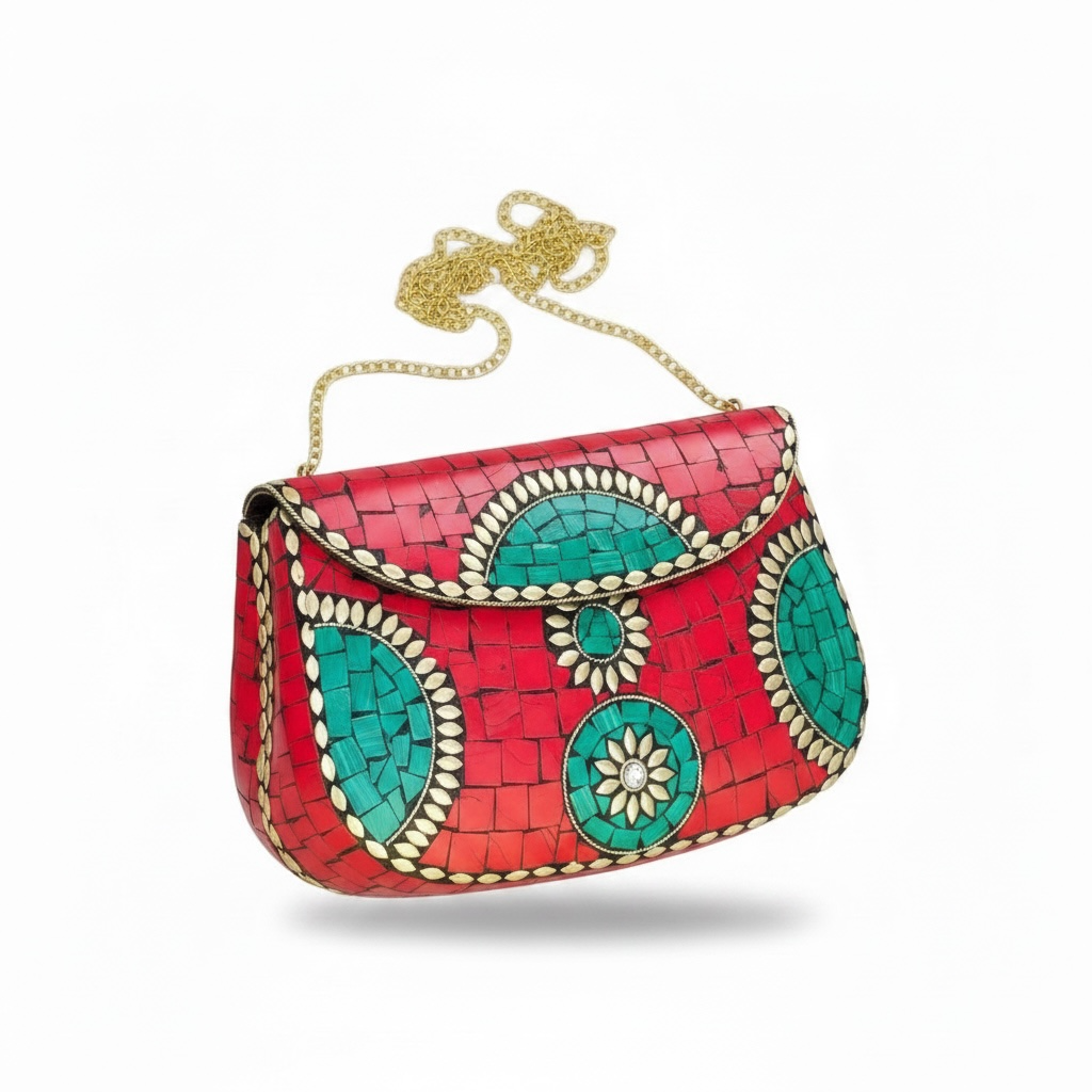 Mosaic Semiprecious Stone Large Clutch with Red Coral & Green Malachite