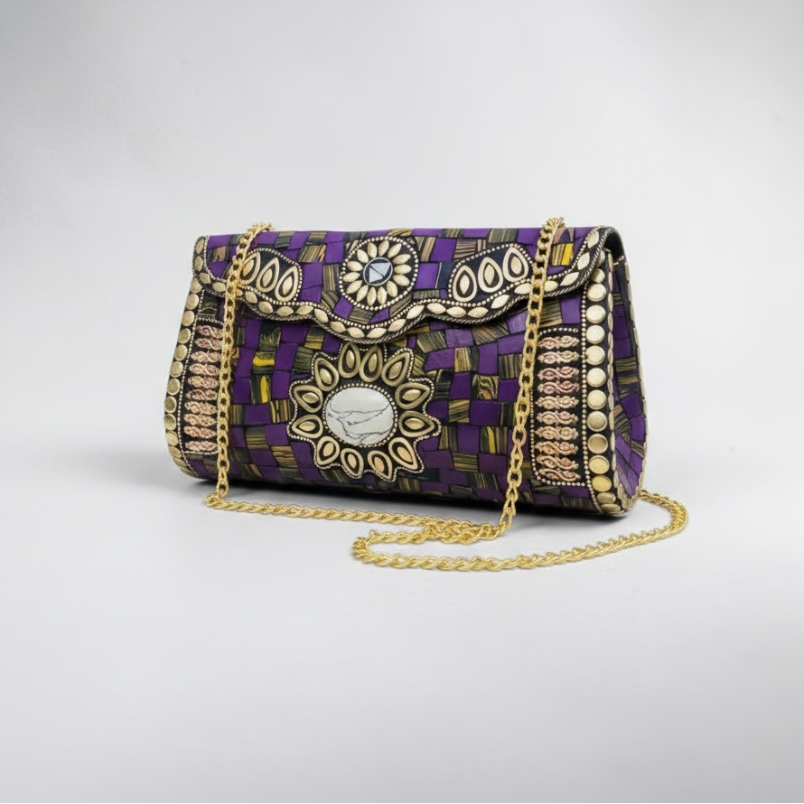 Mosaic Semiprecious Stone Clutch with Agate & Tiger Eye