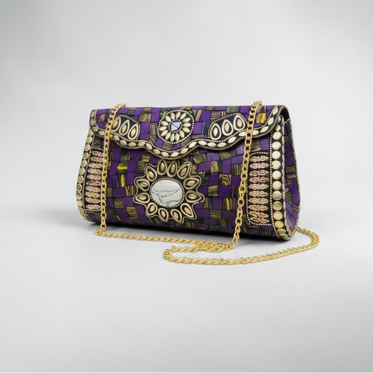 Mosaic Semiprecious Stone Clutch with Agate & Tiger Eye