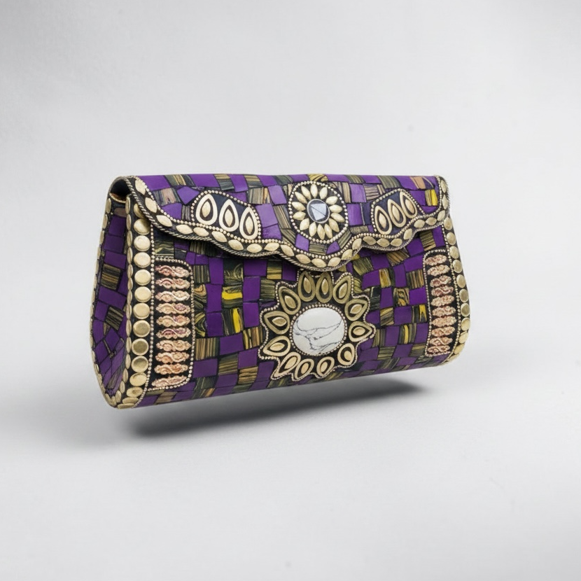 Mosaic Semiprecious Stone Clutch with Agate & Tiger Eye