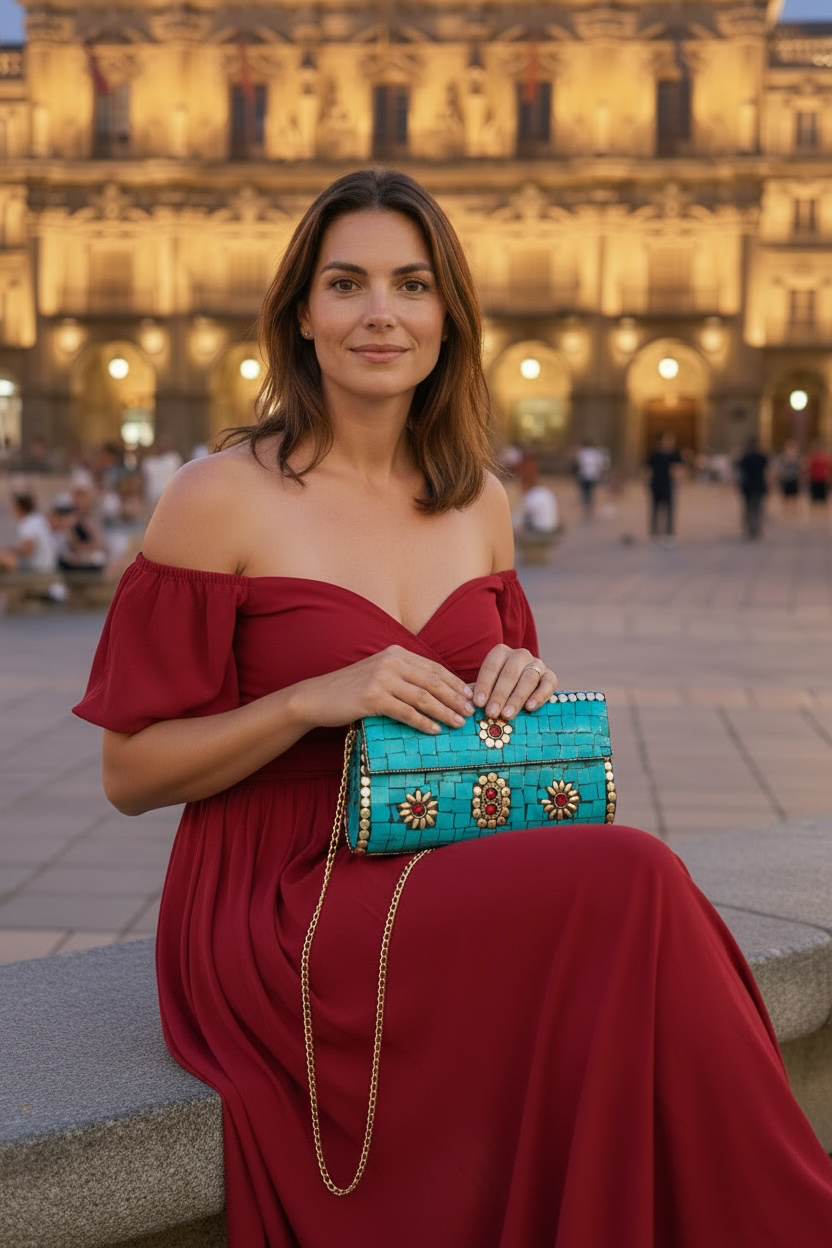 Mosaic Semiprecious Stone Clutch with Turquoise & Red Coral