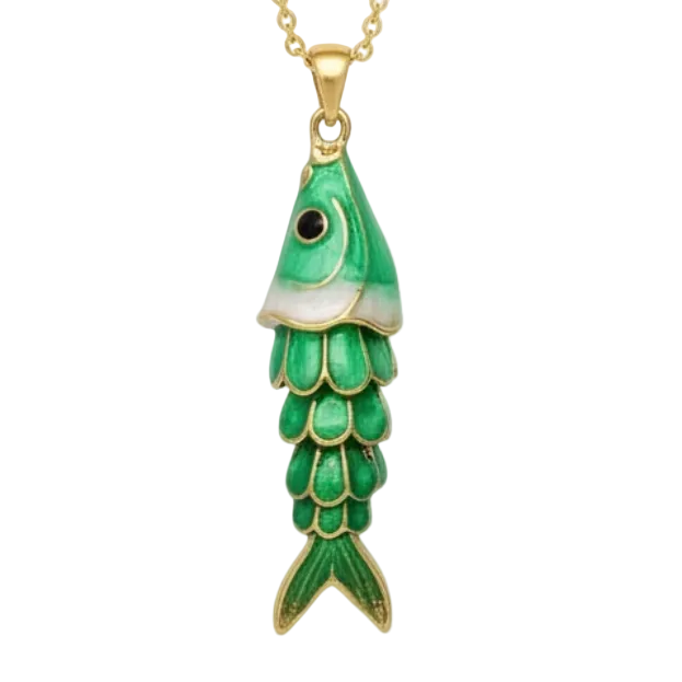 A gold chain necklace featuring a fish-shaped pendant with green enamel scales, a white underbelly, and a small black eye, shown on a plain white background.
