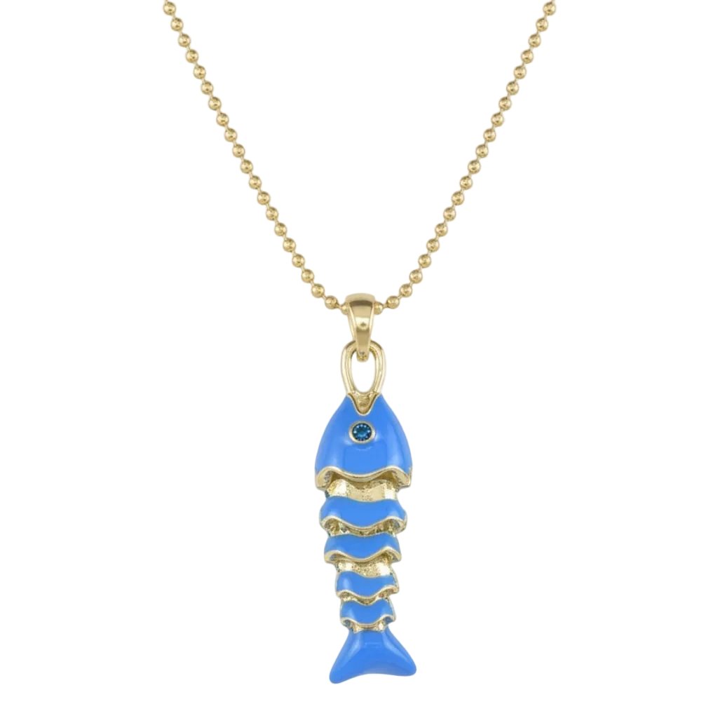 A gold chain necklace with a fish skeleton pendant featuring bright blue enamel and a small dark blue stone in the eye, shown on a plain white background.