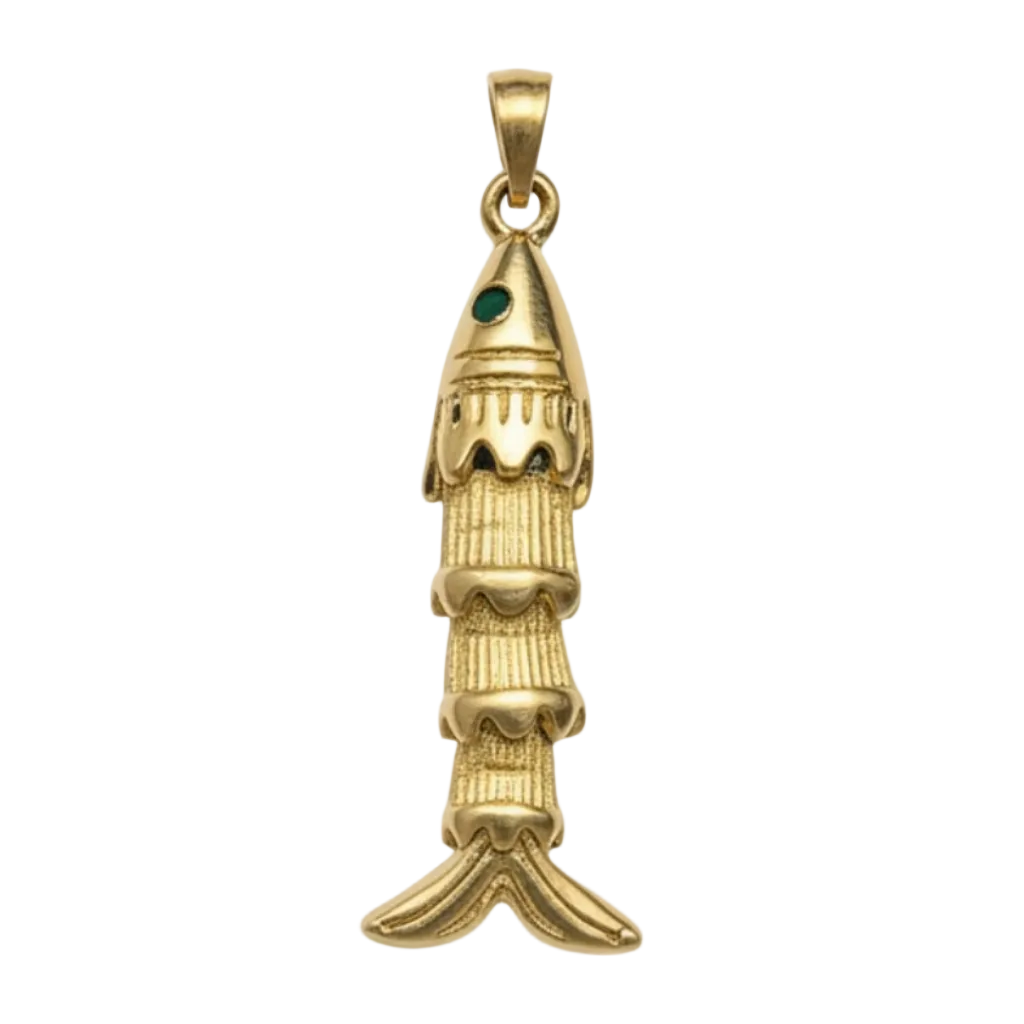 A gold pendant shaped like a stylized fish or shell, featuring a small green stone accent near the top, shown on a plain white background.