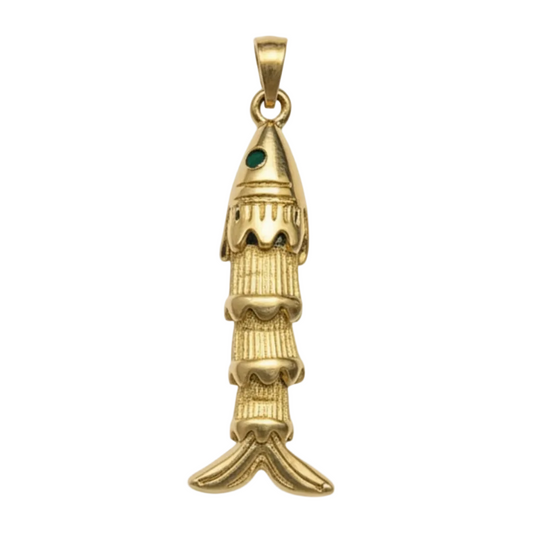 A gold pendant shaped like a stylized fish or shell, featuring a small green stone accent near the top, shown on a plain white background.