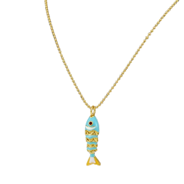 A gold ball-chain necklace with a small fish-shaped pendant. The pendant features light blue enamel with gold stripes and a tiny red detail.