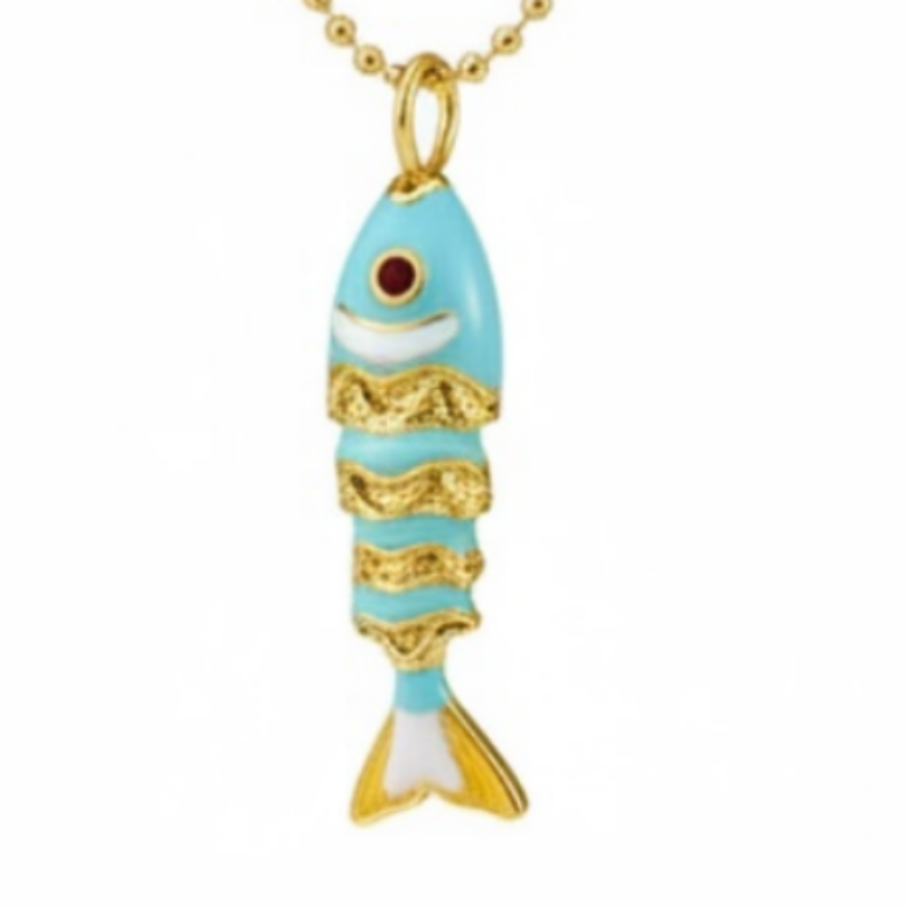 A gold ball-chain necklace featuring a small fish pendant with light blue enamel and gold detailing, shown against a plain white background.