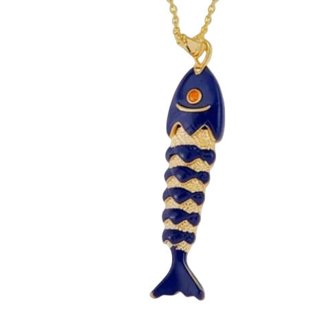 A gold chain necklace with a stylized fish pendant. The pendant features a deep blue enamel body with textured gold scales and a small orange gemstone for an eye.