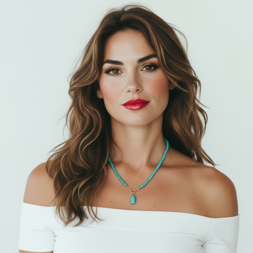 A woman with wavy brown hair wearing a white off-the-shoulder top and a turquoise beaded necklace with a rectangular pendant, set against a plain light gray background.