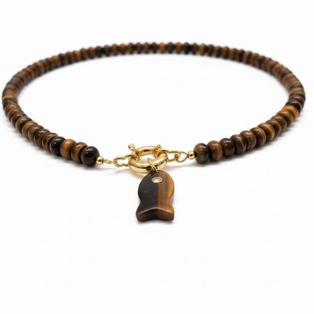 A beaded necklace made of brown tiger's eye beads with a gold toggle clasp and a matching fish-shaped pendant, displayed on a clean white background.