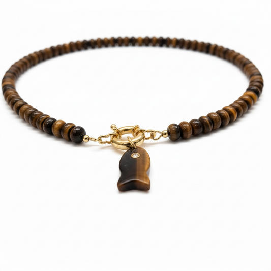 A beaded necklace made of brown tiger's eye beads with a gold toggle clasp and a matching fish-shaped pendant, displayed on a clean white background.
