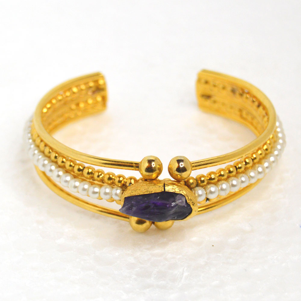 22k Gold-Plated Brass Amethyst and Pearl Bracelet 