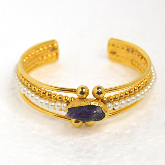 22k Gold-Plated Brass Amethyst and Pearl Bracelet 