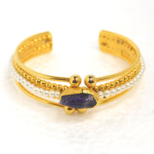 Load image into Gallery viewer, 22k Gold-Plated Brass Amethyst and Pearl Bracelet front view
