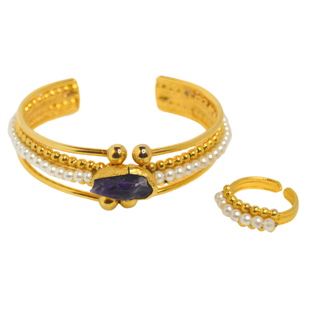 22k Gold-Plated Brass Amethyst and Pearl Bracelet and Ring Set