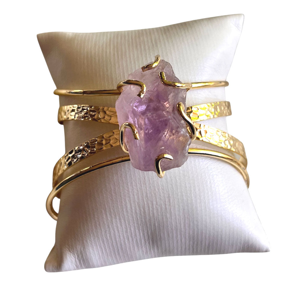 Decenarios Cool 4-row 24K gold plated cuff bracelet with a large raw purple amethyst crystal centerpiece in a pillow jewelry