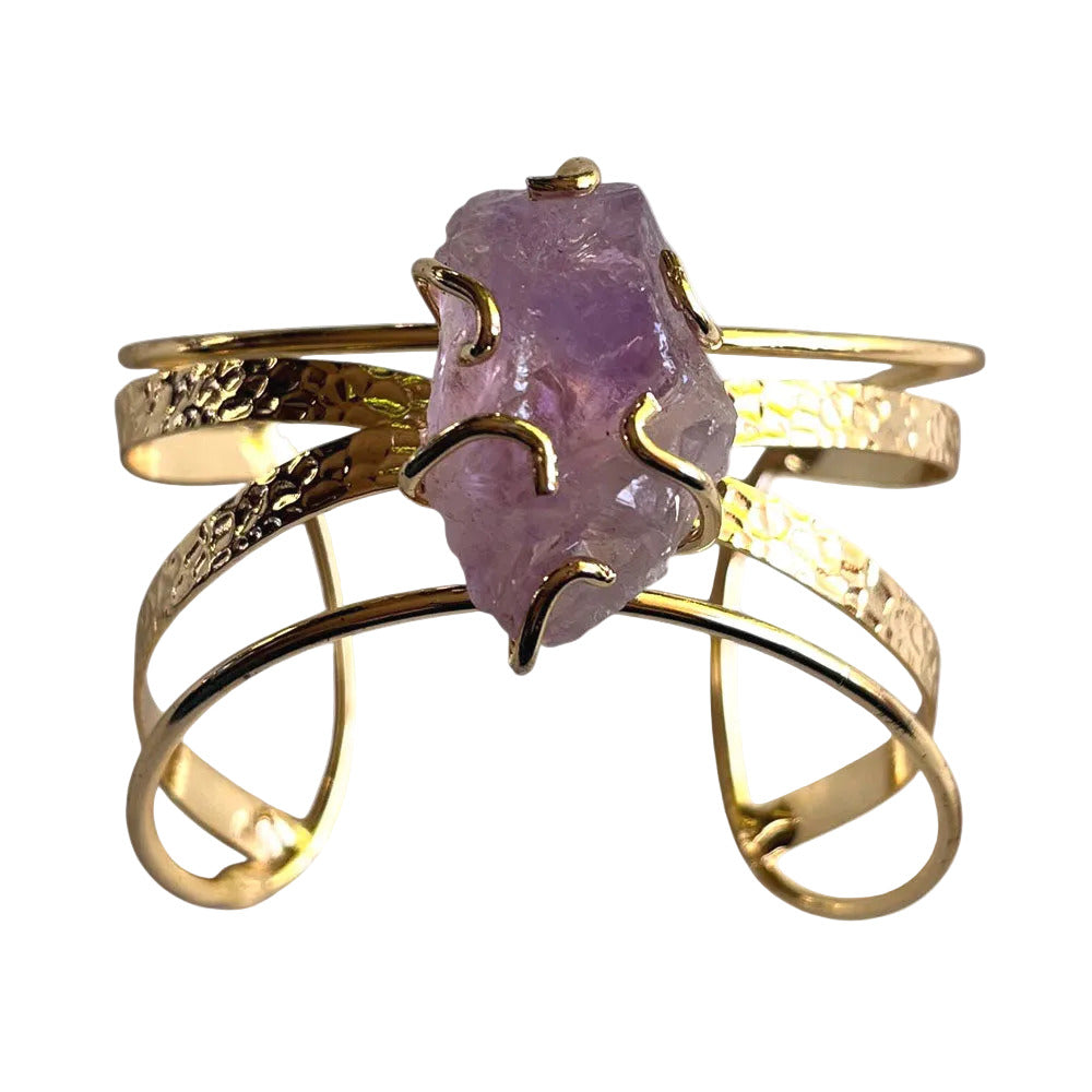 Decenarios Cool 4-row 24K gold plated cuff bracelet with a large raw purple amethyst crystal centerpiece