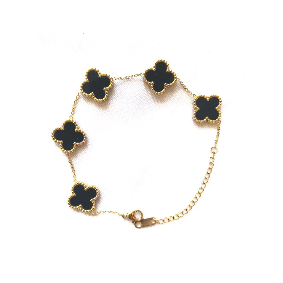 Four-Leaf Clover Stainless Steel Bracelet - Lucky Charm Jewelry - Gold and Black
