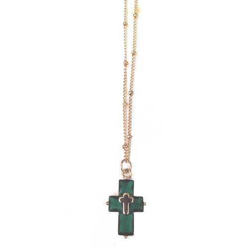 Dainty Gold-filled Necklace with Swarovski Cross Charm - Green
