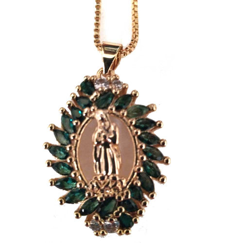 Embrace Blessings: Gold-Filled Guadalupe Medal with Sparkling Crystals - Green