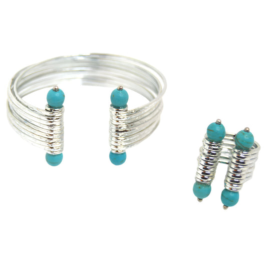 22k White Gold-Plated Brass Turquoise Bracelet and Ring Set