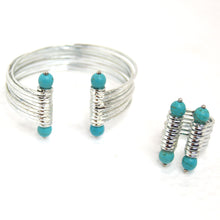 Load image into Gallery viewer, 22k White Gold-Plated Brass Turquoise Bracelet and Ring Set
