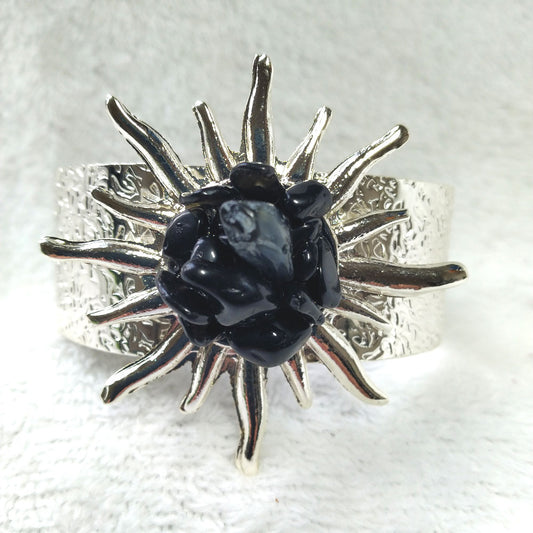 Radiant Sunburst: 24K White Gold Onyx Adjustable Bracelet