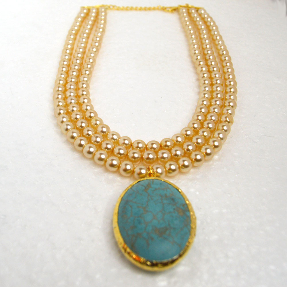 22k Gold-Plated Freshwater Pearl Necklace with Real Turquoise Pendant